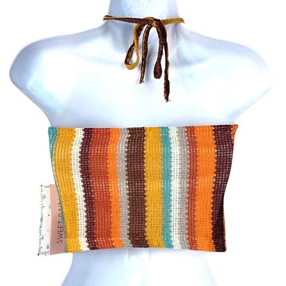 Sweet Rain Crochet Style Tie Neck Halter Top Multicolor Striped Size Large NWT - Picture 2 of 8